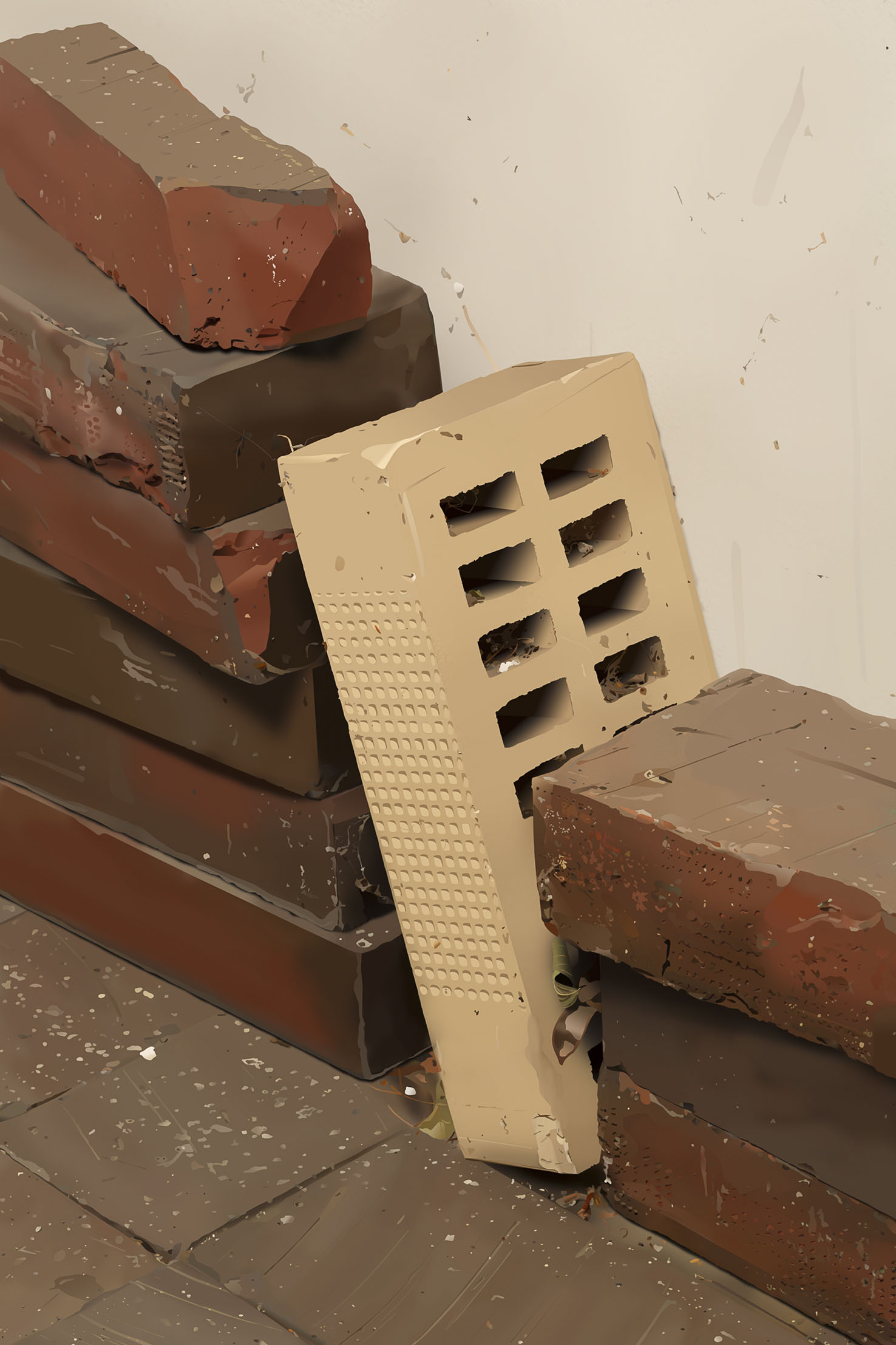 Adrian Sauer, Strangpressziegel und Wasserstrichziegel, Dünnformat, gruppiert,Hof, 2021, aus der Serie: Ziegel